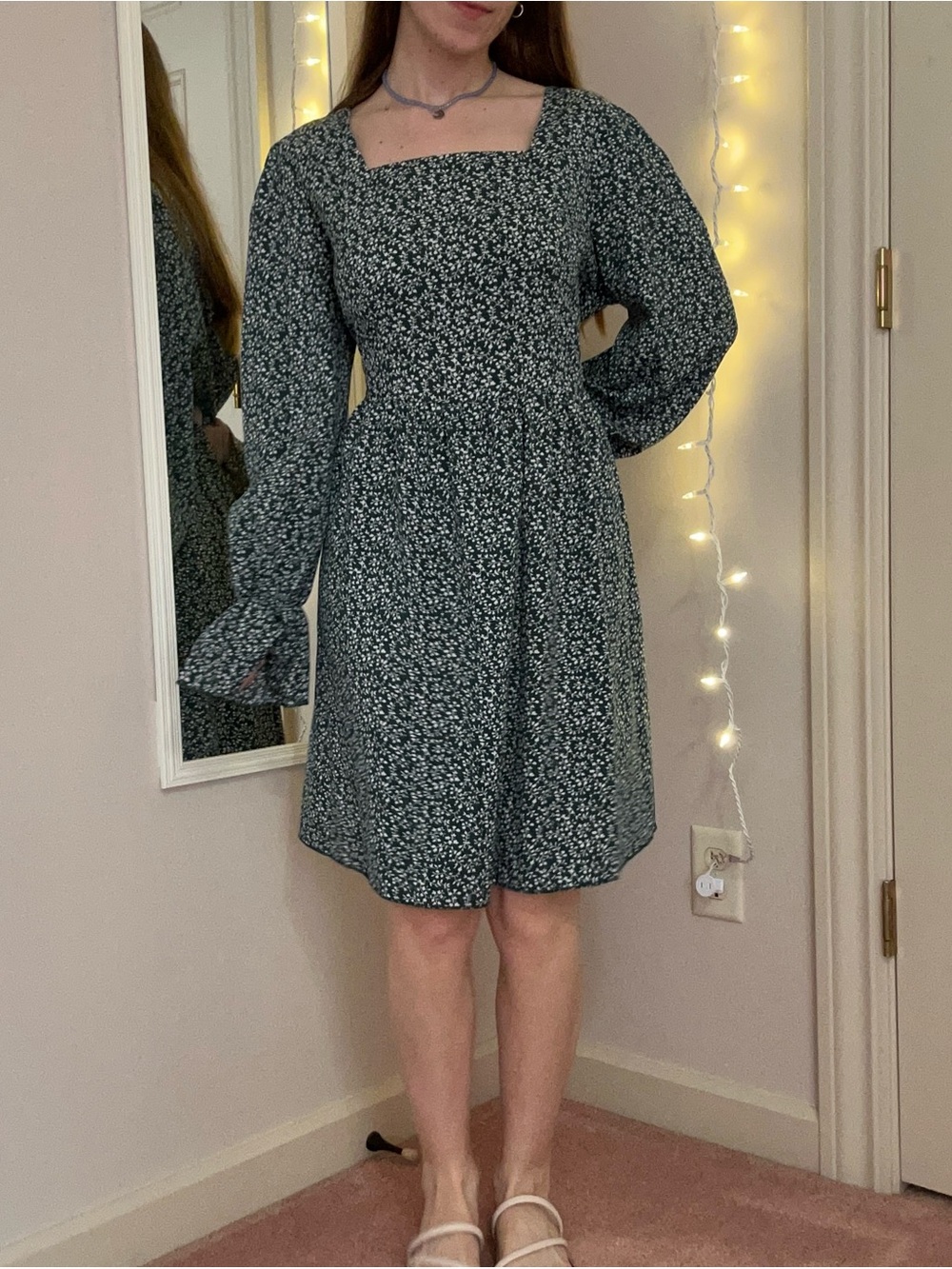 Green and White Floral Long Sleeve Dress